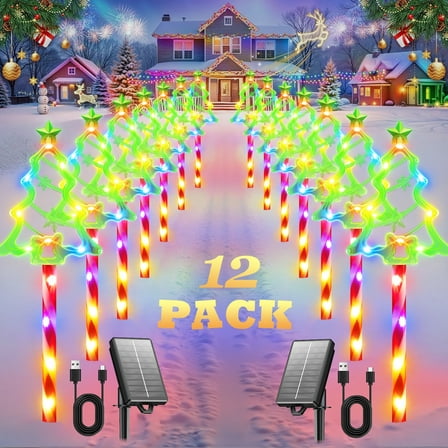 6/10/12 Pack Solar Pathway Lights, 10 Modes Outdoor Christmas Tree Candy Decor, IPX5 Waterproof LED Garden Stake Lights for Walkway Yard Lawn Porch