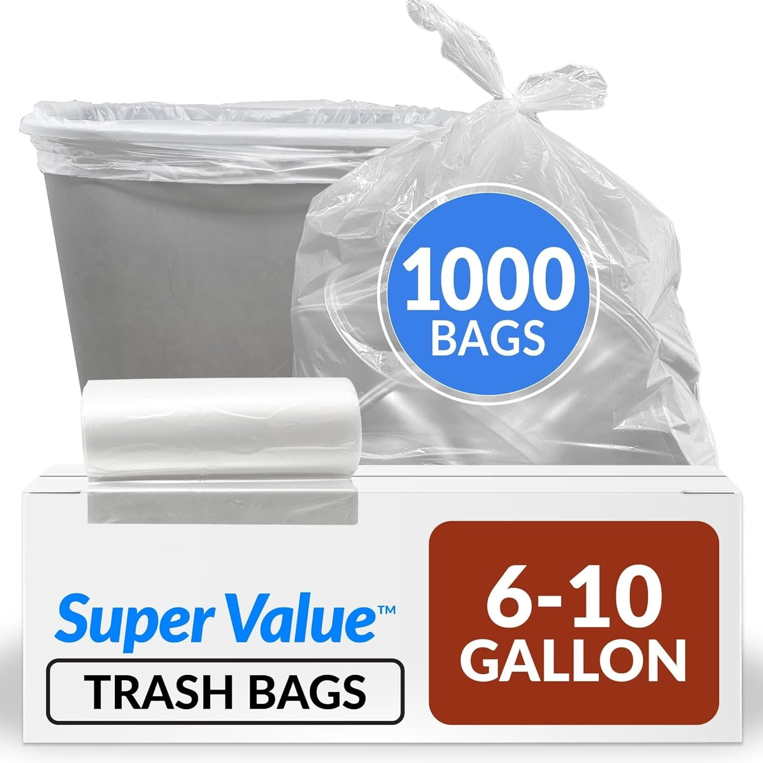 6-10 Gallon Trash Bags | 1000 Bags | Clear | Bathroom | Strong | Garbage