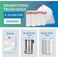 thumbnail image 1 of 6-10 Gallon Trash Bags Drawstring | 500 Count Bulk | 22"x23" | 6, 8, 10 Gallon Drawstring Garbage Bags | White Trash Can Liners | Small - Medium, 1 of 7
