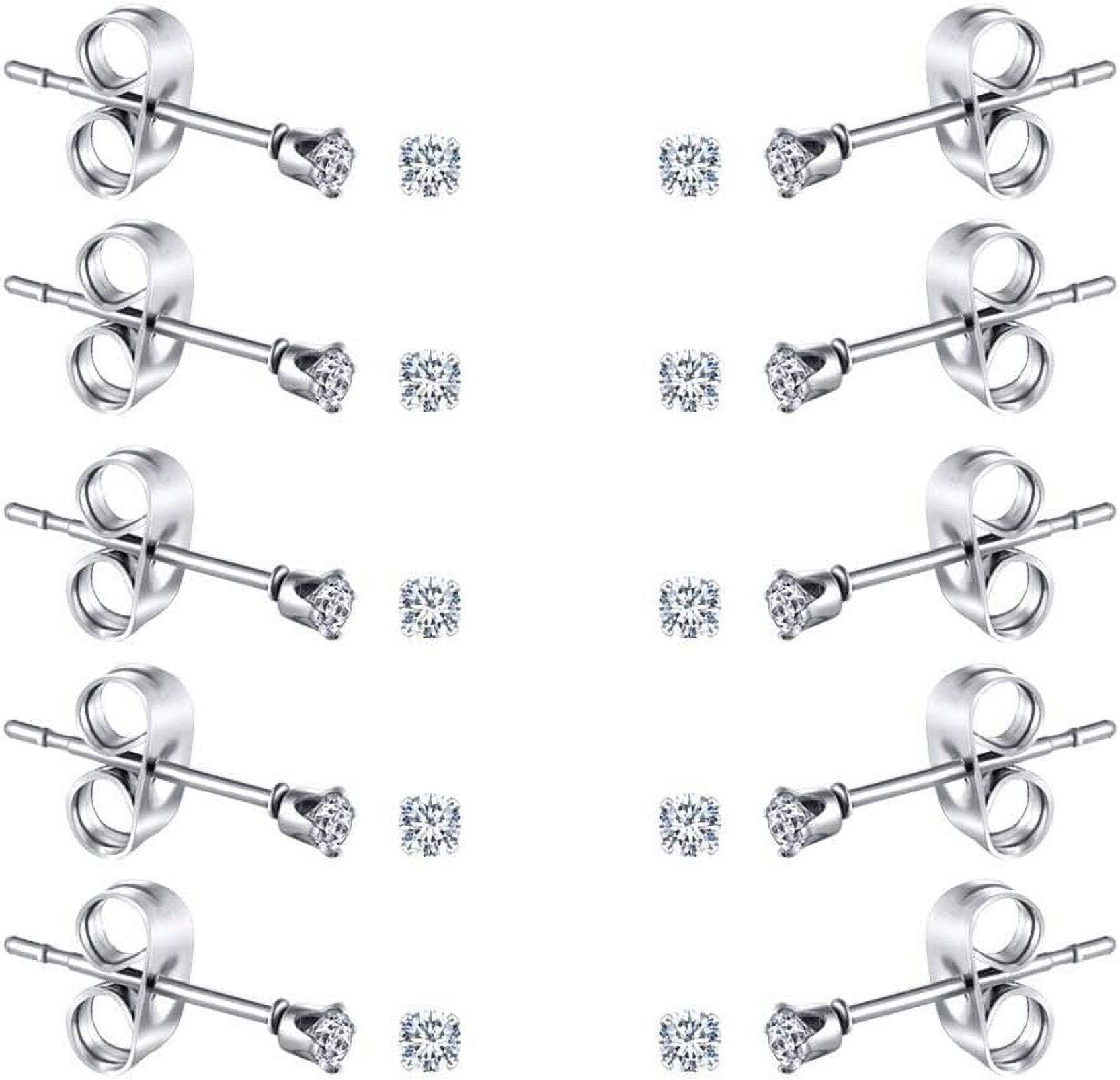 SNYMW 6-10 Pairs Tiny Women's Stainless Steel Round Clear Cubic Zirconia Stud Earrings, Hypoallergenic Surgical Steel Earrings Set, 2mm 3mm 4mm CZ,