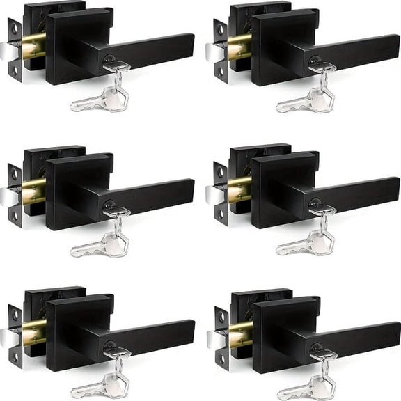 6/10PCS Door Handles Interior, Door Knobs Interior, Black Door Handle with Reversible Lever, Keyed Alike Door Lock Sets for Bedroom, 10 Packs Heavy Duty Door Lock Sets, Matte Black