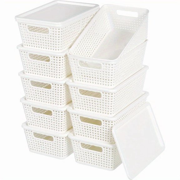 6/10Pcs Plastic Storage Baskets with Lids, Stackable Organizer Boxes for Shelves Drawers Closets, Decorative Containers for Home Office Game Room, Gift Storage