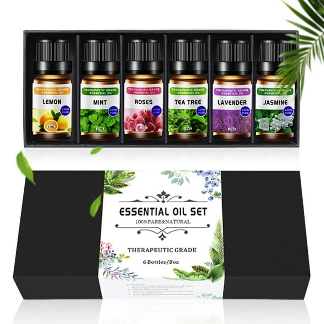 6*10ml Essential Oils Set - Top 6 Blends for Diffusers, Home Care, Home Fragrances, Candle Making Scents, Fragrance, Aromatherapy, Humidifiers, Gifts - Mint, Tea Tree, Lavender, Roses, Jasmine, Lemon