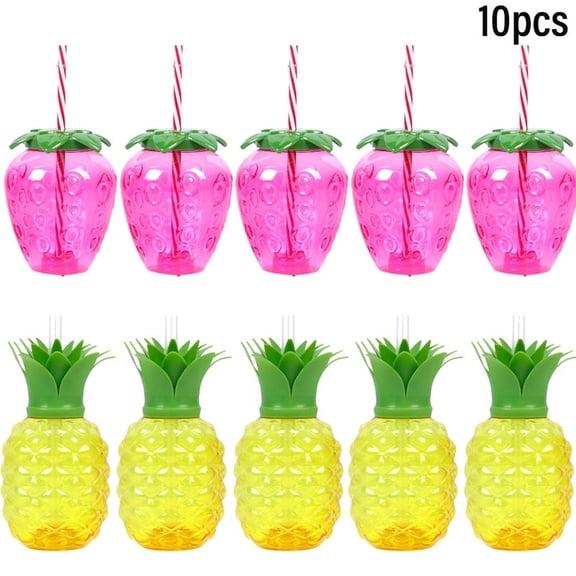 6/10pcs Hawaiian Summer Pineapple Coconut Drinking Cups Strawberry Shaped Juice Drink Cups for Birthday Wedding Beach Pool Party