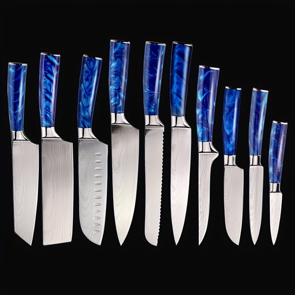 6-10pcs Kitchen Knife Set with Resin Handle & Laser Damask Pattern, Includes Chef, Paring, Boning, Bread, Carving, Steak Knives for Home Outdoor Camping Dormitory