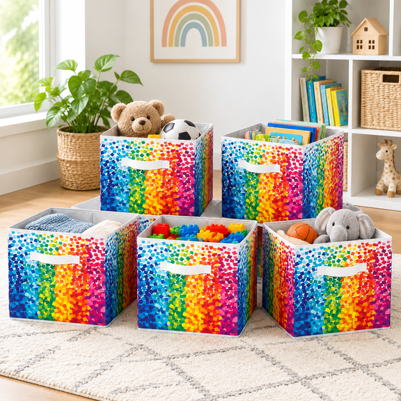 6 11" Fabric Cube Storage Bins Rainbow Multicolor Dots Set of 6