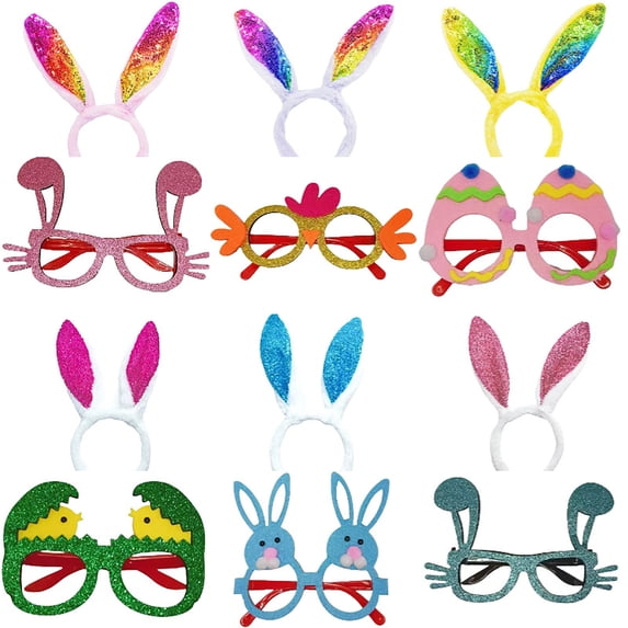 6/12/18 Pcs Easter Rabbit Ears Headband and Glasses Frame Set, Plush Ears Rabbit Chick Eggs Easter Decorations, Rabbit Accessories for Easter Photo Props Rabbit Party Decorations
