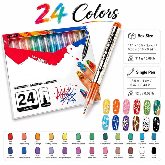 6/12/24 Colors Nail Art Pens Set, 0.5MM Nail Art Markers for Drawing, Dotting & Liner, Quick Dry Acrylic Paint Pen for Nail Design, Home Salon Manicure DIY Tools 24 Colors