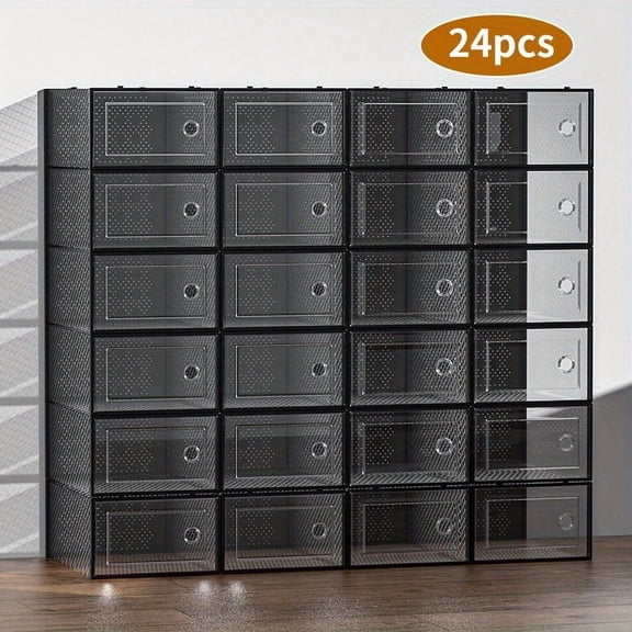6/12/24 Pack Large Shoe Storage Organizer for Closet, Modular Space Saving Shoe Boxes Clear Plastic Stackable Containers Display Case Bins with Lids, Shoe Rack for Sneaker Storage, White And Black