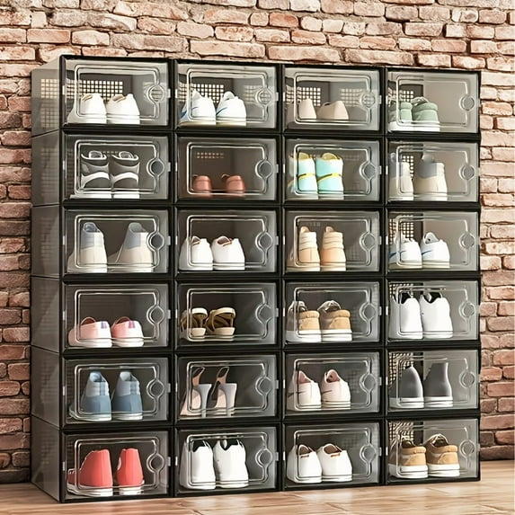 6/12/24pcs Clear Plastic Shoe Boxes with Lids - Stackable Shoe Storage Organizer, Foldable Design for Closet/Bedroom, Space-Saving for Sneakers & Sports Shoes