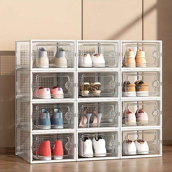 6/12/24pcs Clear Stackable Shoe Boxes w/Lid, Foldable Sneaker Storage Organizer for Entryway, Bedroom, Home, Dorm