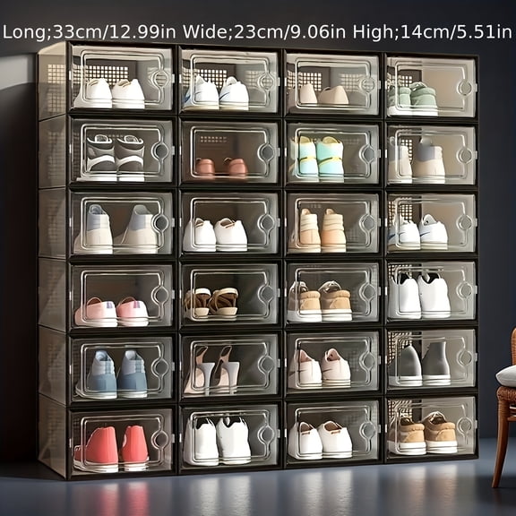 6/12/24pcs Clear Stackable Shoe Boxes w/Lid, Foldable Sneaker Storage Organizer for Entryway & Bedroom, Space Saving