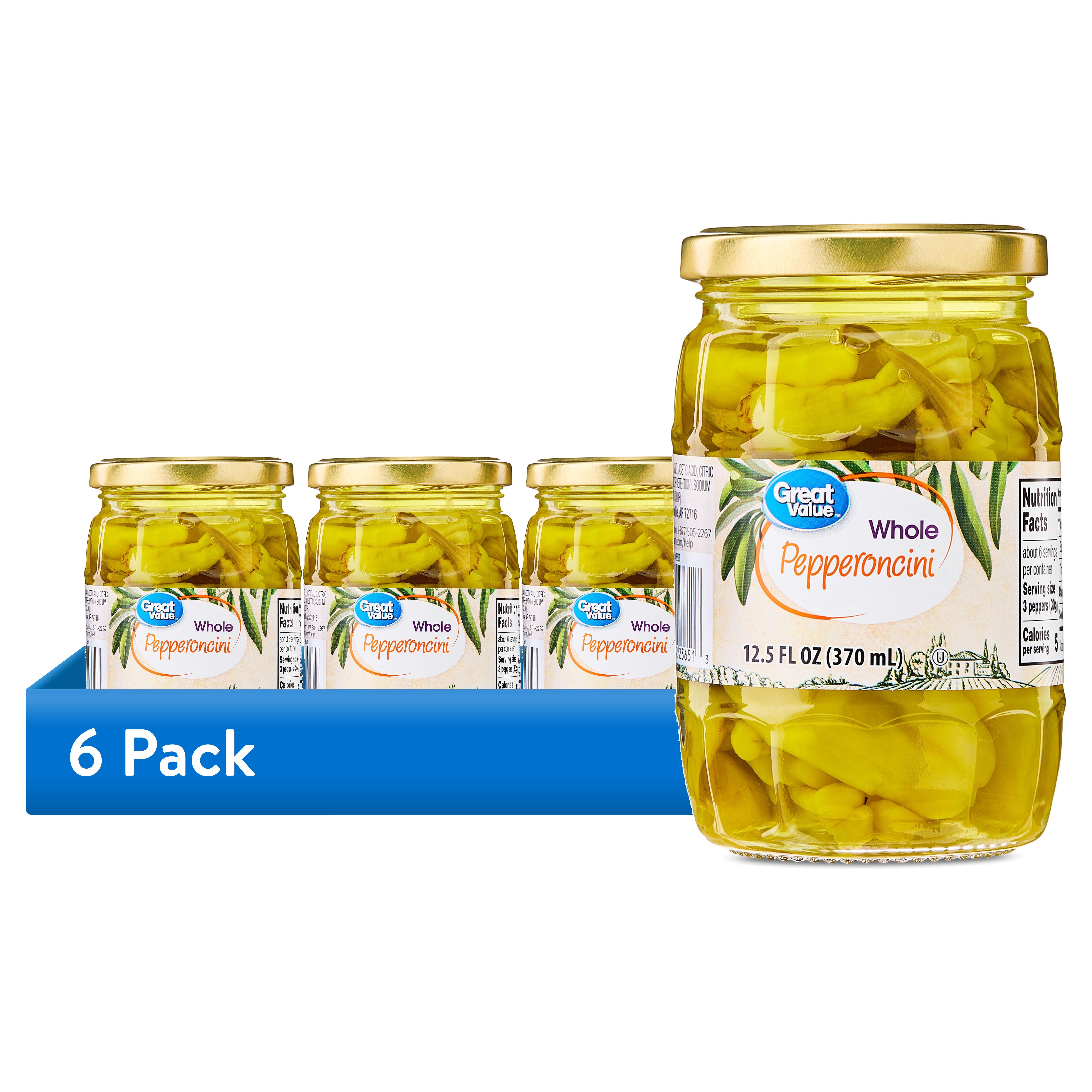 (6 pack) Great Value Whole Pepperoncini, 12 fl oz