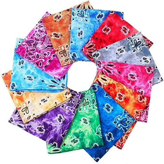 6-12 Classic Double Sided Tie Dye Paisley Print Bandana 100% COTTON Handkerchief Head Wrap (Assorted Colors) (12 Pack)