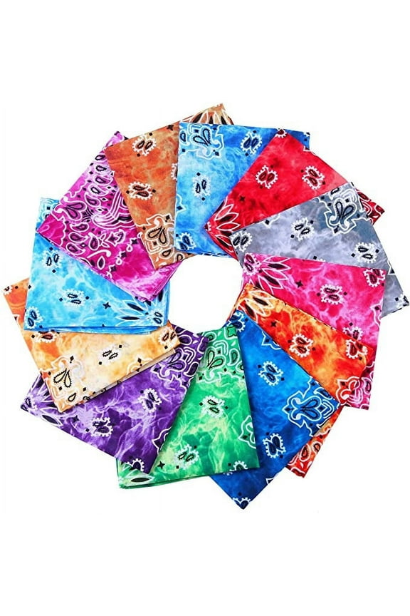 6-12 Classic Double Sided Tie Dye Paisley Print Bandana 100% COTTON Handkerchief Head Wrap (Assorted Colors) (6 Pack)