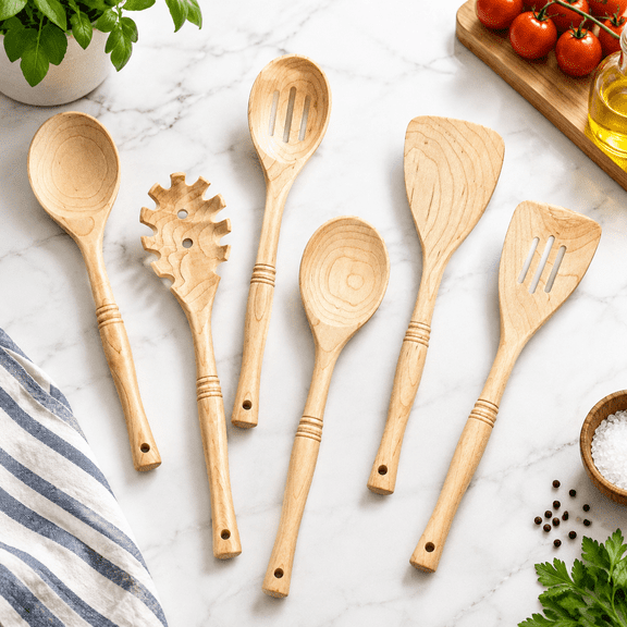 6 12 Inch Hard Maple Wood Kitchen Utensils Set - Wooden Spoons For Cooking Nonstick Cookware
