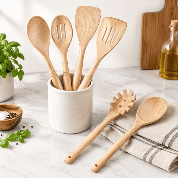 6 12 Inch Hard Maple Wood Kitchen Utensils Set - Wooden Spoons For Cooking Nonstick Cookware