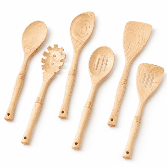 6 12 Inch Hard Maple Wood Kitchen Utensils Set - Wooden Spoons For Cooking Nonstick Cookware
