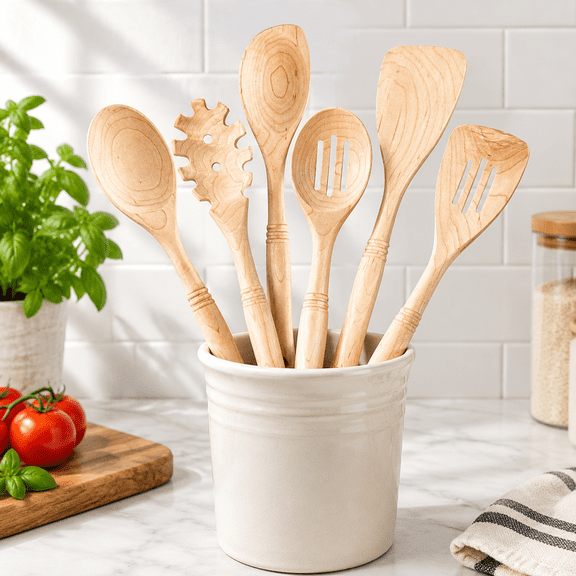 6 12 Inch Hard Maple Wood Kitchen Utensils Set - Wooden Spoons For Cooking Nonstick Cookware