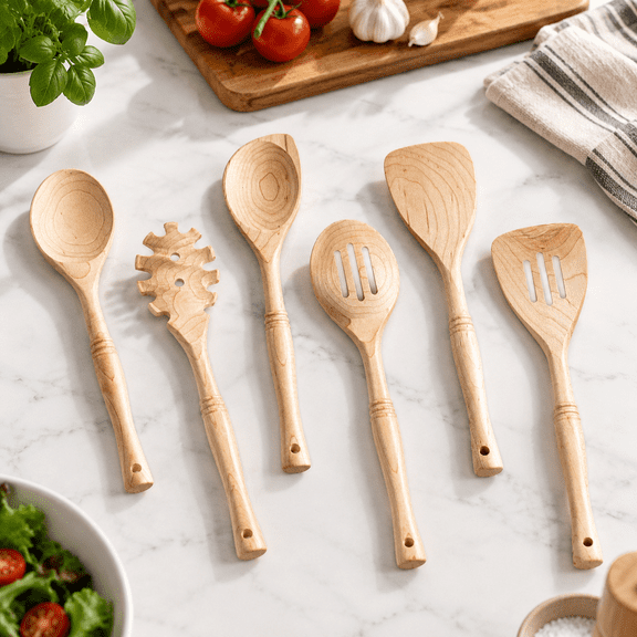6 12 Inch Hard Maple Wood Kitchen Utensils Set - Wooden Spoons For Cooking Nonstick Cookware