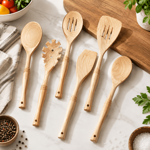 6 12 Inch Hard Maple Wood Kitchen Utensils Set - Wooden Spoons For Cooking Nonstick Cookware