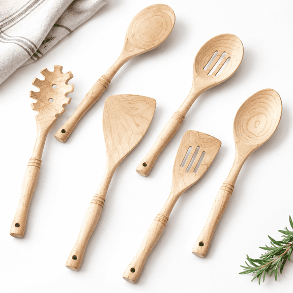 6 12 Inch Hard Maple Wood Kitchen Utensils Set - Wooden Spoons For Cooking Nonstick Cookware