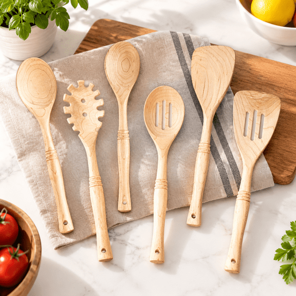 6 12 Inch Hard Maple Wood Kitchen Utensils Set - Wooden Spoons For Cooking Nonstick Cookware