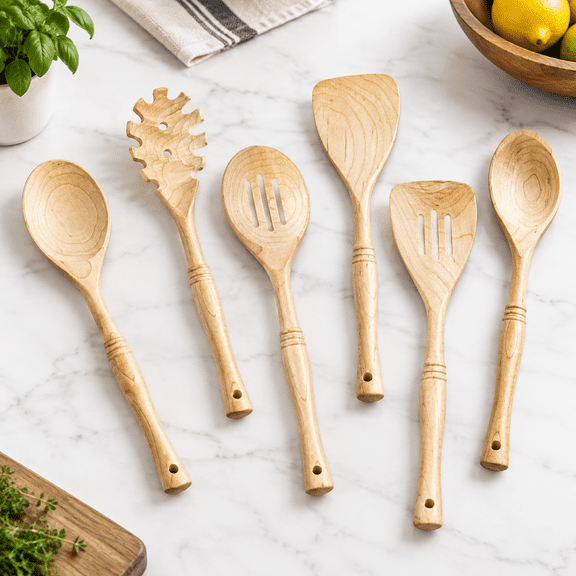 6 12 Inch Hard Maple Wood Kitchen Utensils Set - Wooden Spoons For Cooking Nonstick Cookware