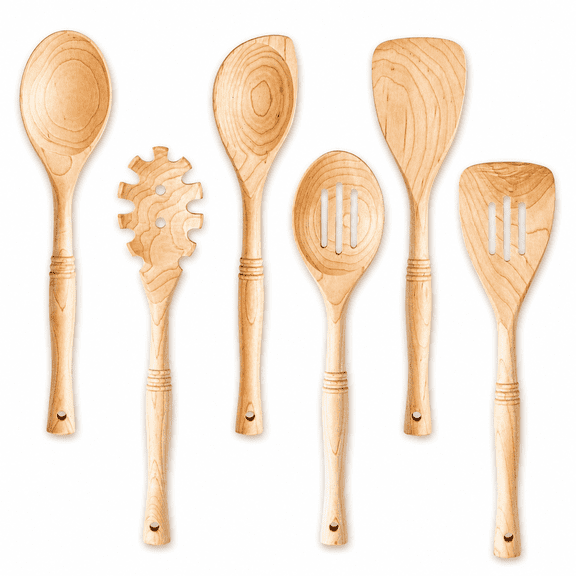 6 12 Inch Hard Maple Wood Kitchen Utensils Set - Wooden Spoons For Cooking Nonstick Cookware