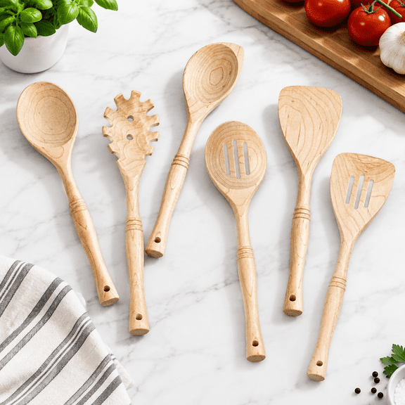6 12 Inch Hard Maple Wood Kitchen Utensils Set - Wooden Spoons For Cooking Nonstick Cookware
