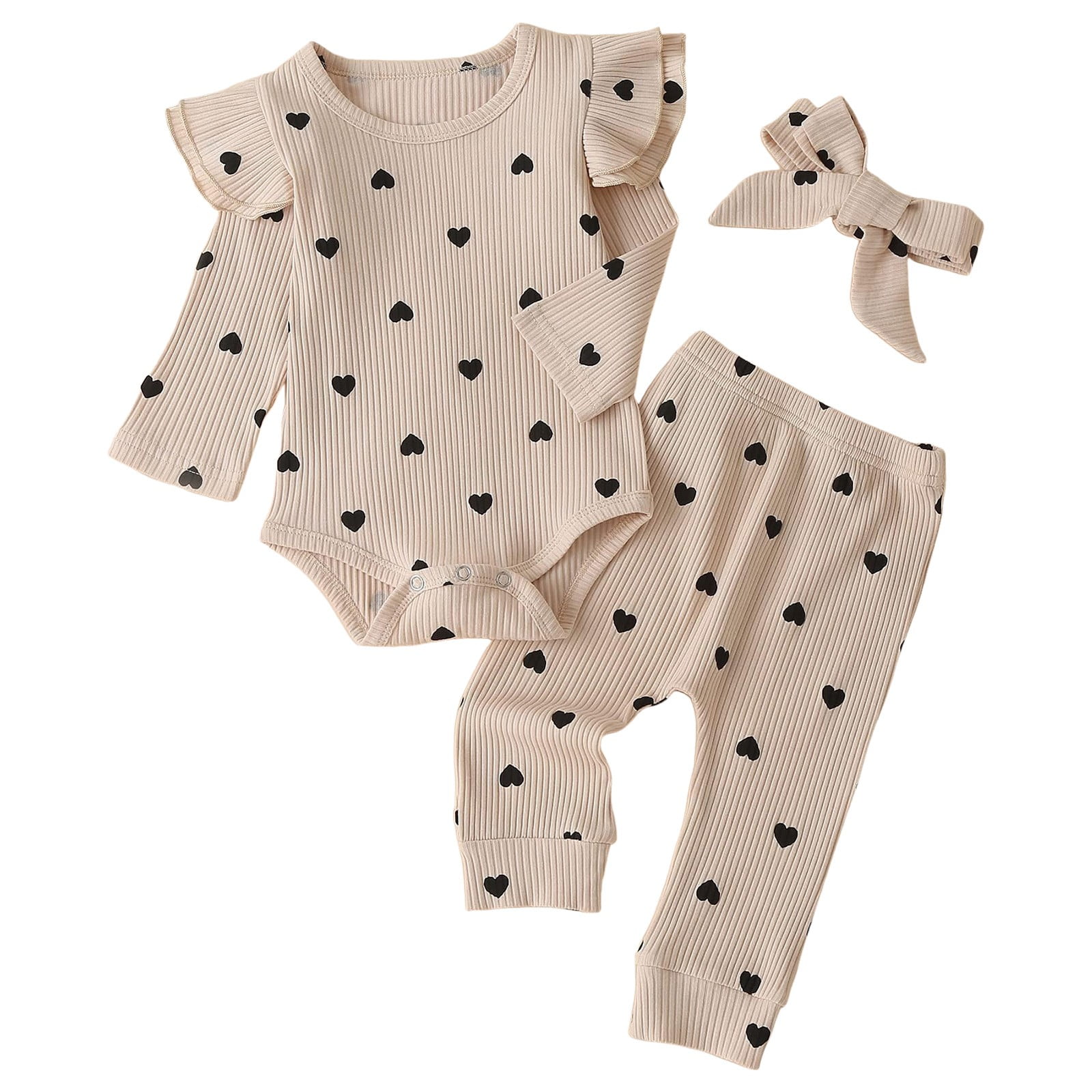 6-12 Month Girl Clothes Baby Girl Clothes 12 18 Months Baby Girl's 3pc Rib Frill Long Sleeve Romper and Pant Set Beige 0-3 Months