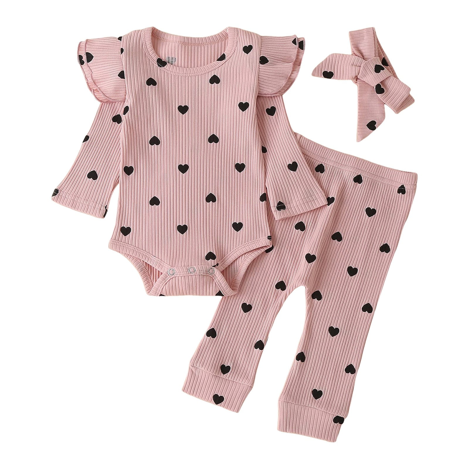 6-12 Month Girl Clothes Baby Girl Outfits 0-3 Months Baby Girl Clothes Set 3pc Rib Frill Long Sleeve Romper and Pant Set Pink 9-12 Months