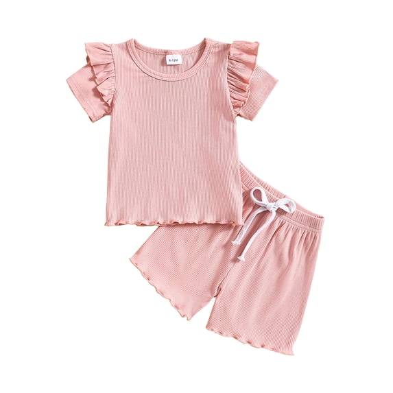 6-12 Months 4T Girl Clothes Toddler Girls Clothes Toddler Baby Girls Clothes Solid Plain Rib Ruffle T-shirt + Shorts With Drawstring Cute Summer Short Set Red