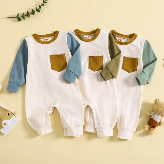 6-12 Months Infant Long Sleeve Rompers,Color Block Raglan Sleeve Baby Jumpsuit with Pocket,Soft Warm Fall Winter Unisex Onesie for Infant Boys Girls 3 6 9 12 18 Months,AG