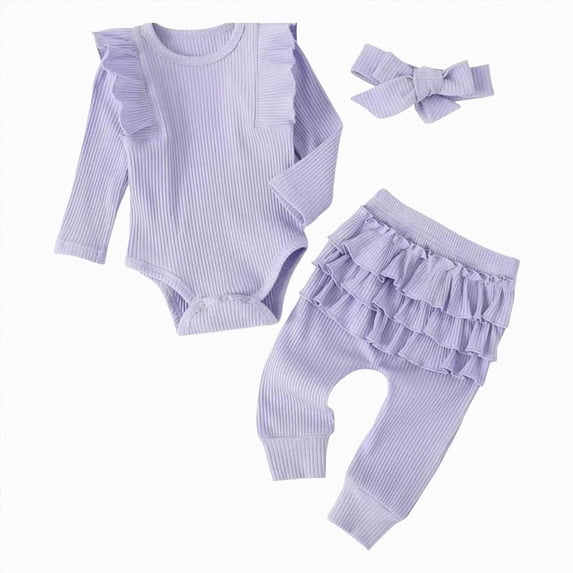 6-12 Months Infant Romper Baby Girls Ribbed Ruffle Long Sleeve Bodysuit And Pants Set With Bow Jumpsuit Long Sleeve Bodysuit Cute Newborn Clothes,Light Purple Jumpsuit One-Piece Jumpsuit