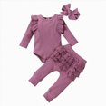 thumbnail image 1 of 6-12 Months Newborn Baby Girls Ribbed Ruffle Long Sleeve Bodysuit And Pants Set With BowBoys And Girls Underwear Pajamas Rompers And Home Clothes Purple, 1 of 5