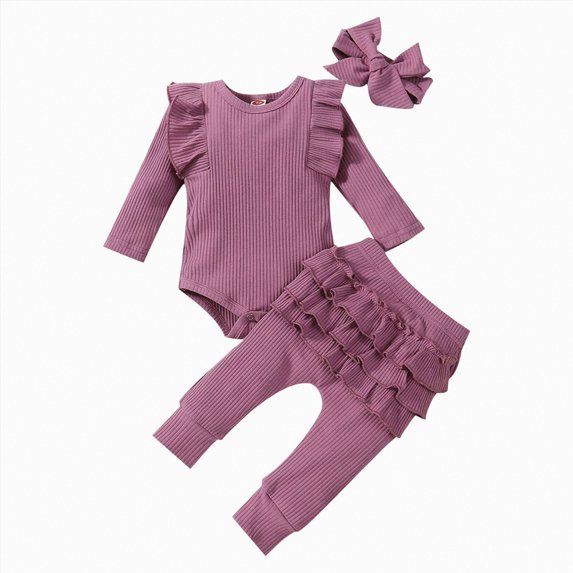 6-12 Months Newborn Baby Girls Ribbed Ruffle Long Sleeve Bodysuit And Pants Set With BowBoys And Girls Underwear Pajamas Rompers And Home Clothes Purple