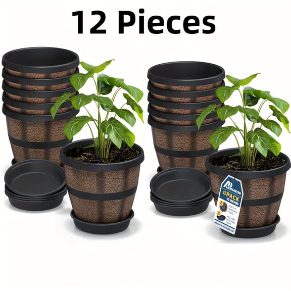 6/12-Pack Brown Whiskey Barrel Plastic Planters - Drainage Holes & Trays, Rustic Weatherproof for Herbs/Succulents, Indoor/Outdoor Gift