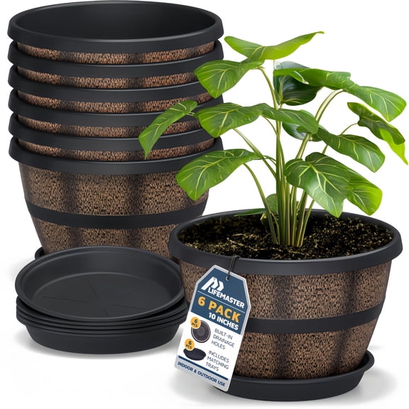 6/12-Pack Brown Whiskey Barrel Plastic Planters - Drainage Holes & Trays, Rustic Weatherproof for Herbs/Succulents, Indoor/Outdoor Gift