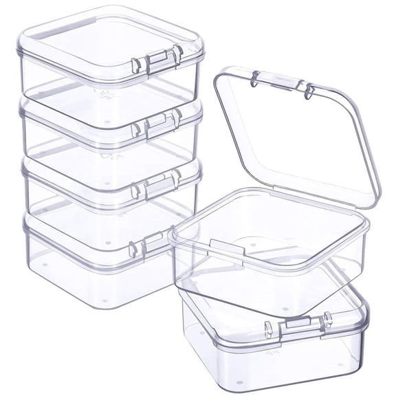 6 Pack Clear PP Square Small Storage Boxes with Hinged Lids, Stackable Mini Plastic Organizer Containers for Jewelry,Craft Supplies