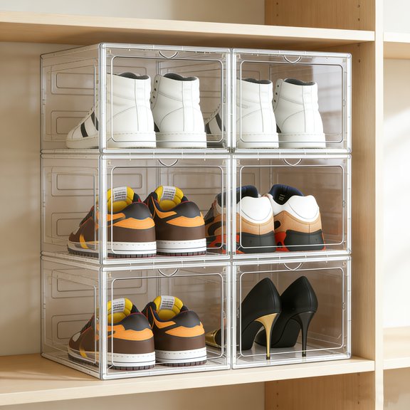 6/12 Pack XX-Large Clear Stackable Shoe Storage Boxes, Organizer & Display Containers Rack for Sneaker, Drop Front Magnetic Door, Fits Up to US Size 12