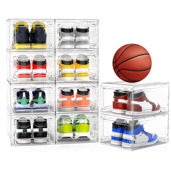 6/12 Pack XX Large Thicken Sturdy Clear Stackable Shoe Storage Boxes for Size 12, Sneaker Rack Containers Bins Display Case Organizer