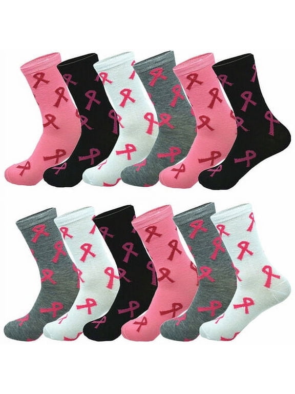 6-12 Pairs Women's Cotton Crew Socks Classic Casual Pink Ribbon Sign Size 9-11 (12 Pack)