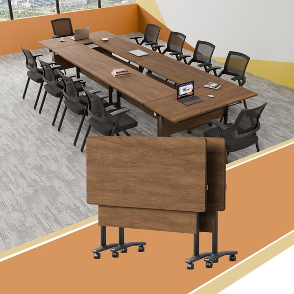 6-12 Person Folding Conference Table on Wheels,Modular Flip Top Mobile Meeting Table,Rolling Training Table for Office(2,Walnut,71" D X 21.6" W X 29.5" H)