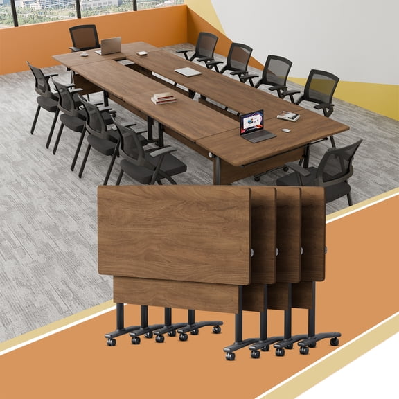 6-12 Person Folding Conference Table on Wheels,Modular Flip Top Mobile Meeting Table,Rolling Training Table for Office(4,Walnut,61" D X 19.6" W X 29.5" H)