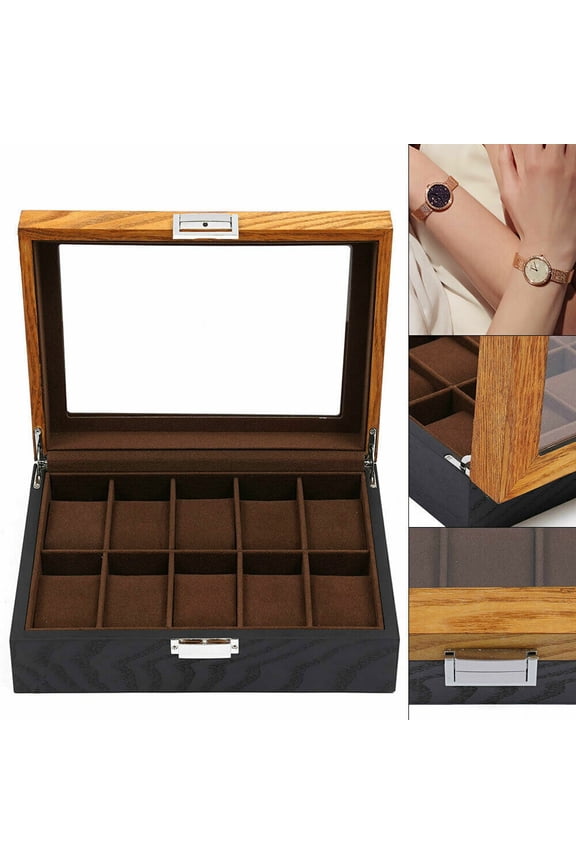 6/12 Slots Brown Watch Box Display Case Wooden Glass Top Jewelry Storage Organizer