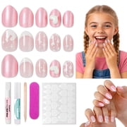 6-12 Years Press on Nails for Girls,3D French Fake Nails Kit with Jelly Adhesives & Builder Glue, 24pcs Reusable Glitter Full Cover Stick on Nails for Tweens