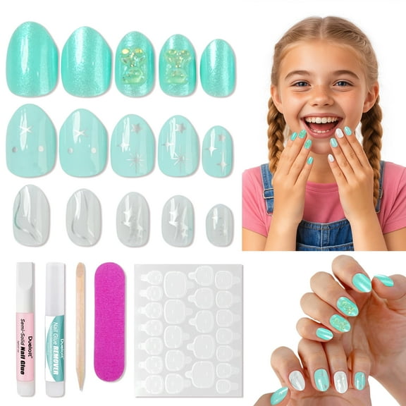 6-12 Years Press on Nails for Girls,3D French Fake Nails Kit with Jelly Adhesives & Builder Glue, 24pcs Reusable Glitter Full Cover Stick on Nails for Tweens