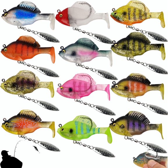 6/12 packs of pre-loaded jig head soft baits, including bluegill sunfish baits, paddletail baits, and bass-specific baits, suitable for bass, trout, pikeperch, pike, and other fish.