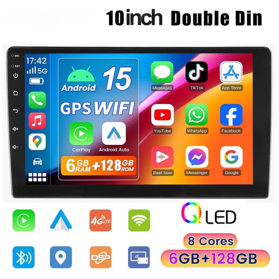 6+128G QLED 10.1" 2DIN Car Stereo Radio Carplay Android 15 8core GPS DSP 4G LTE
